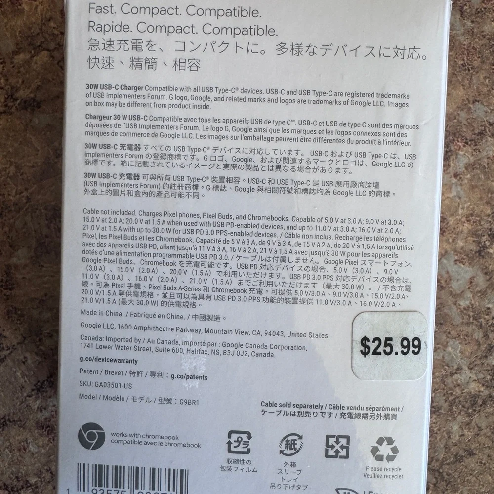 Google USB-C Power Adapter in White